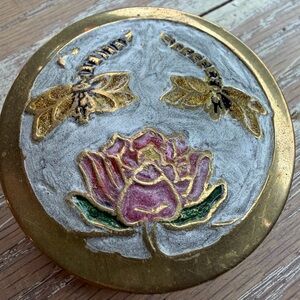 Brass Hand Painted Floral and Dragonfly Trinket Box